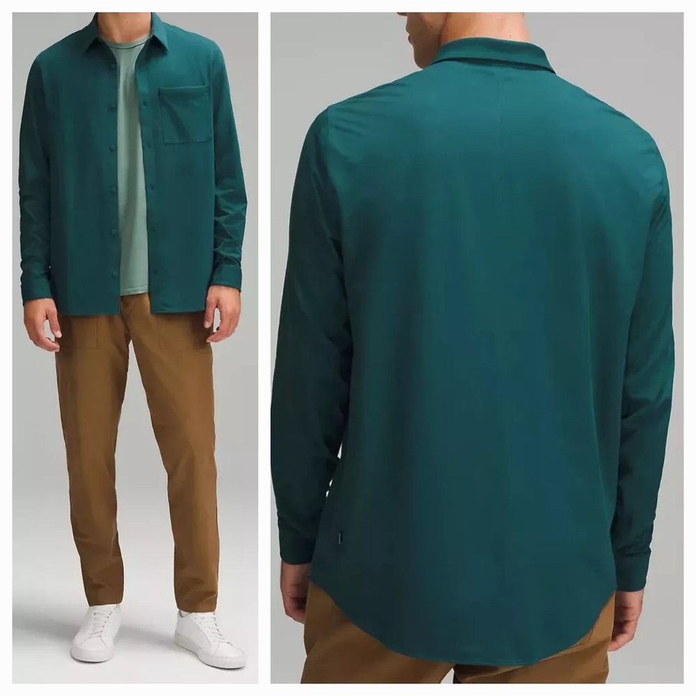 Mens Lululemon Commission Long-Sleeve Shirt, Color Storm Teal Size Large Fitted
